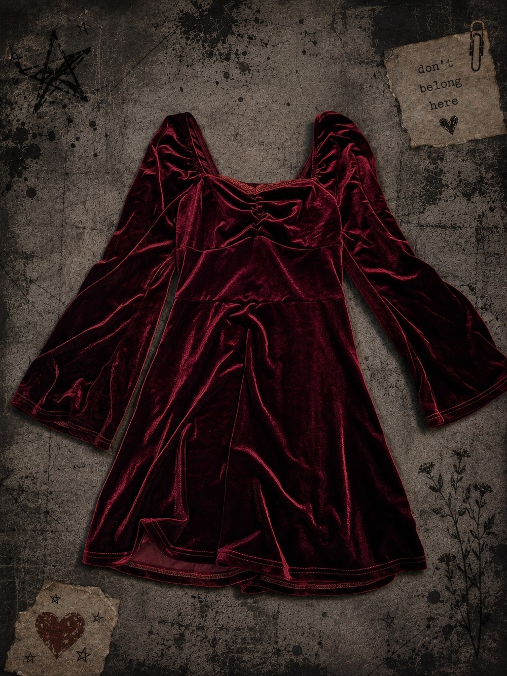 SHEIN Burgundy Velvet Mini Dress with Bell Sleeves